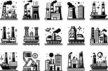 Fototapeta premium Industrial flat icon set in black and white style | factory, tools, machinery, engineering symbols.