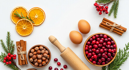Flat lay showcasing baking ingredients: cranberries, hazelnuts, eggs, orange slices, cinnamon, and rosemary sprigs on white background, suggesting holiday baking or festive food preparation