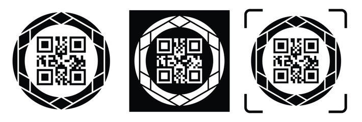 Obraz premium Minimalist QR code scanner icon set featuring three black and white variations with scan frames and mobile scanning concept. Clean flat vector symbols for apps, payment, barcode, technology, and UI de