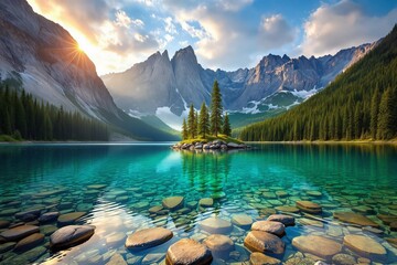 Serene turquoise mountain lake with small pine-covered island, rocky clear shoreline, surrounded by alpine mountains and forest background. Ai generative