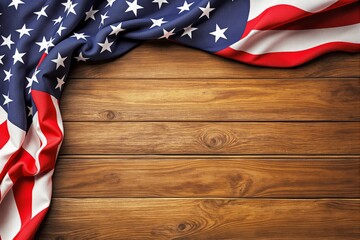 American flag fabric draped over top edge of wooden planks, realistic style on wood background, concept of patriotism and national celebration. Ai generative