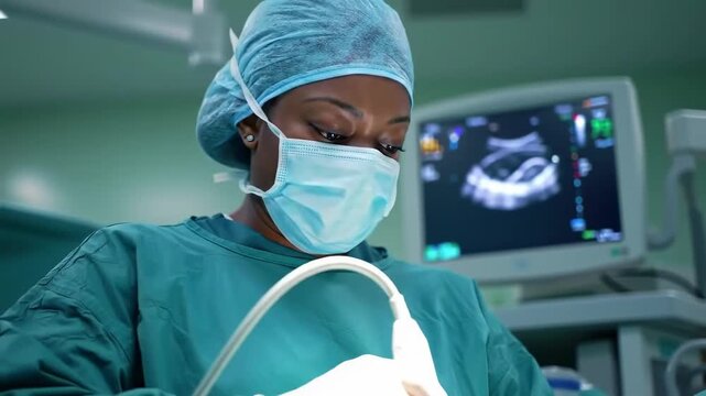 Skilled Black female doctor concentrating on intricate surgery with a sonogram monitor displaying vital information in a modern hospital