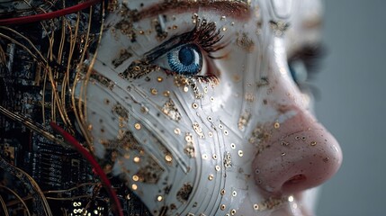 Close-up of a robot face with electrical systems and circuits integrated with a human face.