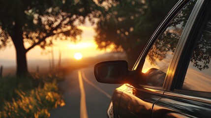 Obraz premium Car Side Mirror Reflecting a Beautiful Sunset on a Quiet Road Surrounded by Trees