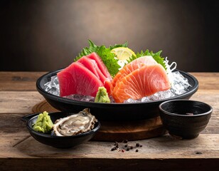 Raw fish slice and oyster serve with wasabi on the table