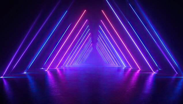 Futuristic triangular neon light tunnel corridor background.