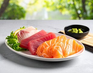 Raw fish slice and oyster serve with wasabi on the table