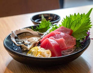 Raw fish slice and oyster serve with wasabi on the table