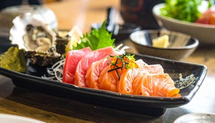 Raw fish slice and oyster serve with wasabi on the table