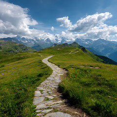 A stone path meanders through lush green alpine meadows, leading towards majestic snow-capped mountains under a clear blue sky with fluffy clouds.
