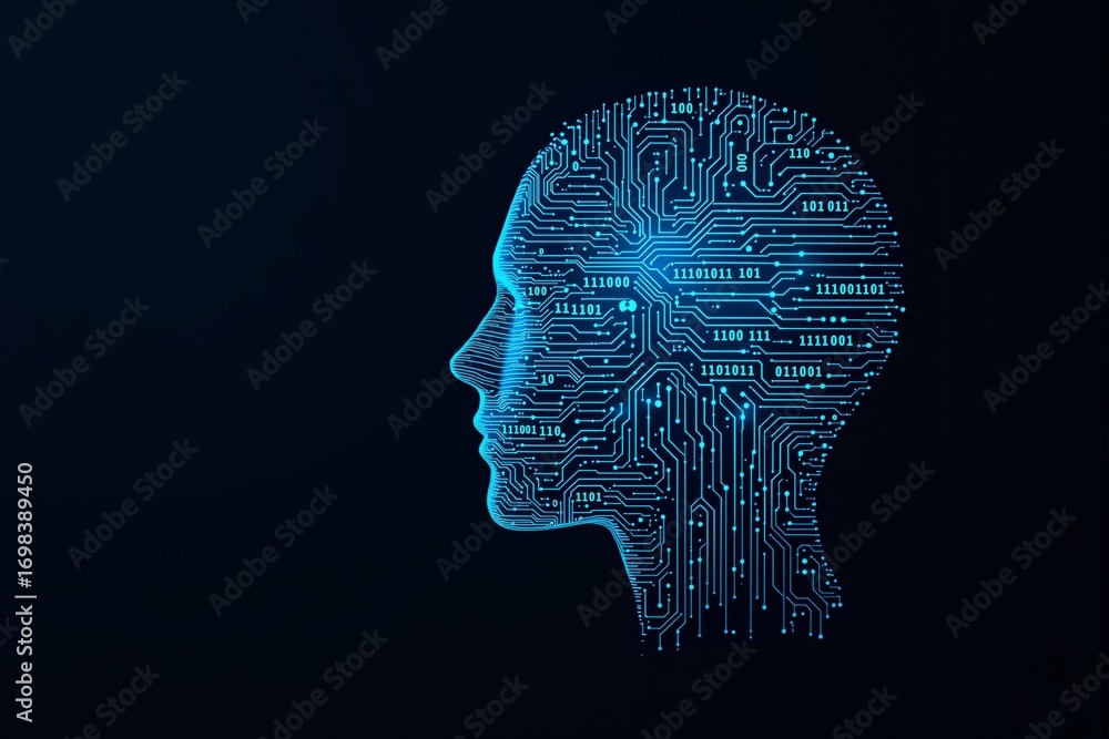 Aufkleber digital human profile with electronic circuit pattern and binary code in blue tones on futuristic ba