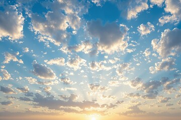 Morning sky with soft clouds illuminated by golden sunrise light, realistic style on a blue sky background, concept of peace and hope. Ai generative