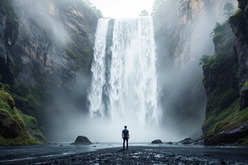 A person stands before a massive waterfall in a misty canyon, surrounded by lush cliffs and rocks, evoking awe, solitude, and nature's power. Ai generative