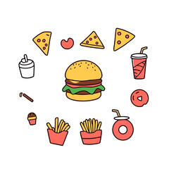 Cute Colorful Doodle Food and Drink Icons Vector Pack for Cafe Menu Posters and Social Media Design