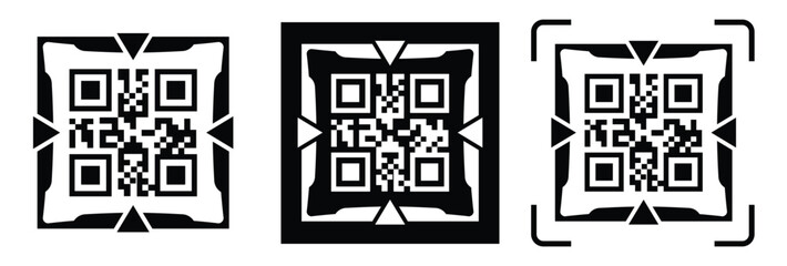 Fototapeta premium Minimalist QR code scanner icon set featuring three black and white variations with scan frames and mobile scanning concept. Clean flat vector symbols for apps, payment, barcode, technology, and UI de