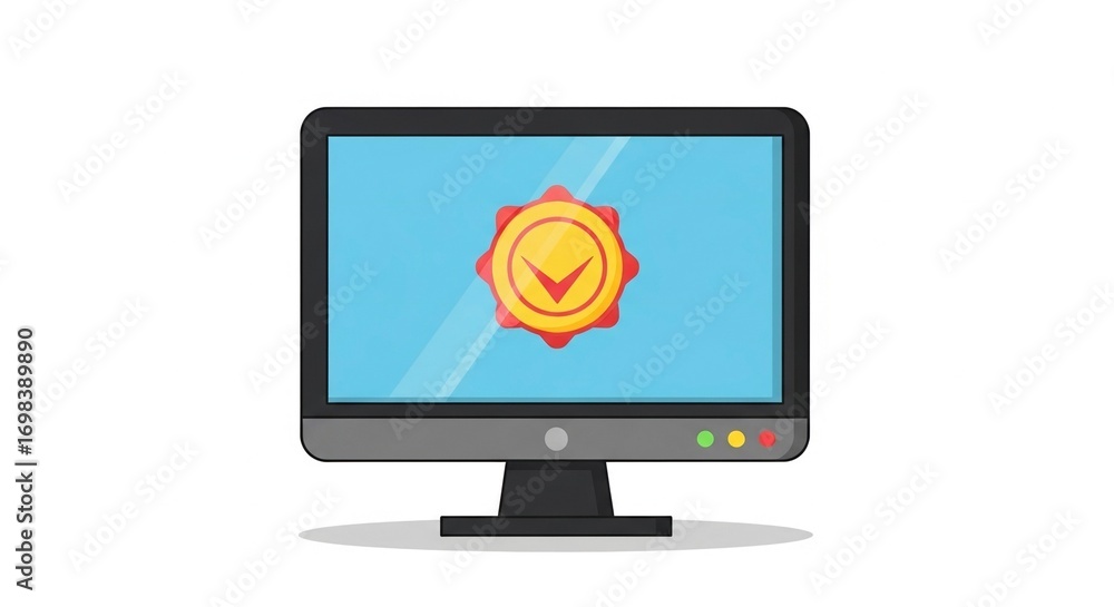 Aufkleber a computer monitor displaying a golden badge with a checkmark, indicating approval or verification.