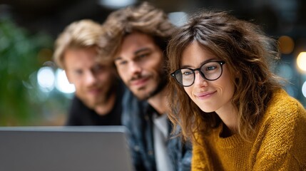 A group of three individuals focuses on a laptop, with a woman in the foreground smiling while wearing glasses, showcasing a collaborative and engaging environment.
