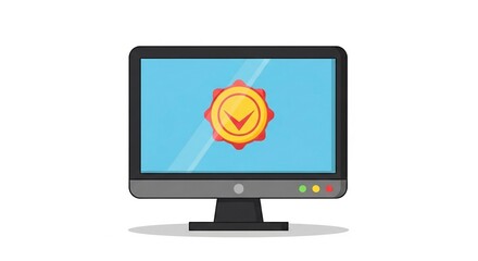 A computer monitor displaying a golden badge with a checkmark, indicating approval or verification.