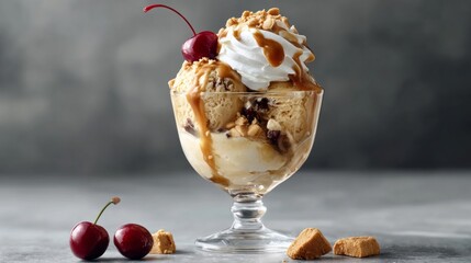 Delicious ice cream sundae with caramel sauce, whipped cream, cherry, and peanut brittle in a dessert glass