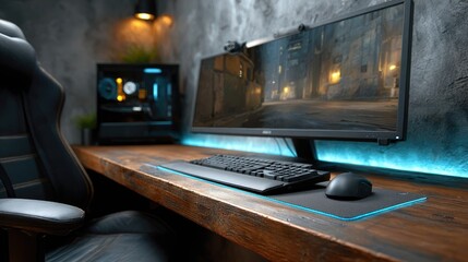 Fototapeta premium A modern gaming setup featuring a sleek monitor, keyboard, mouse, and a stylish chair, set against a dark, ambient backdrop.