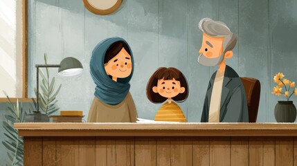A warm, illustrated scene featuring a woman, a girl, and an elderly man sitting together at a desk in a cozy, softly lit room.