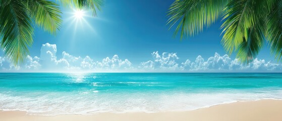 Fototapeta premium Tropical beach with turquoise water, clear sky, palm leaves, and sunlight reflecting on gentle waves