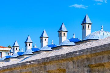 View of a fragments of domes and pipes of baths Blue Mosque or Sultanahmet, TURKEY, Istanbul.