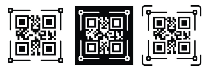 Fototapeta premium High-contrast black and white QR code with grid squares, centered in frame. Simple thin black border. Clean digital design, technical style, suitable for scanning or template use.