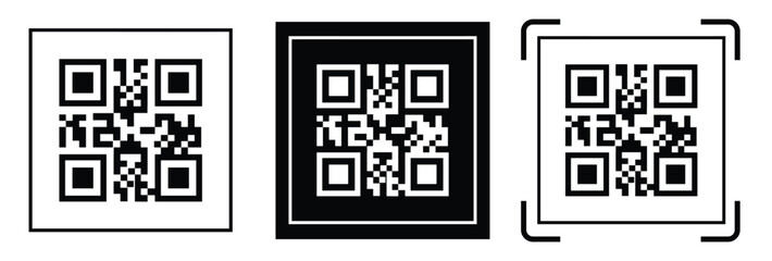Fototapeta premium Minimalist QR code scanner icon set featuring three black and white variations with scan frames and mobile scanning concept. Clean flat vector symbols for apps, payment, barcode, technology, and UI de