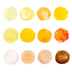 Set gold paint brush round strokes, hand drawn. collection vector abstract yellow orange circle and blots on white isolated background.