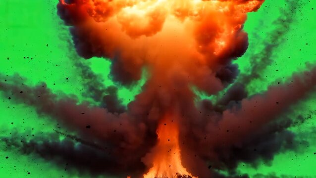 Fiery Explosion Against Green Background with Billowing Smoke