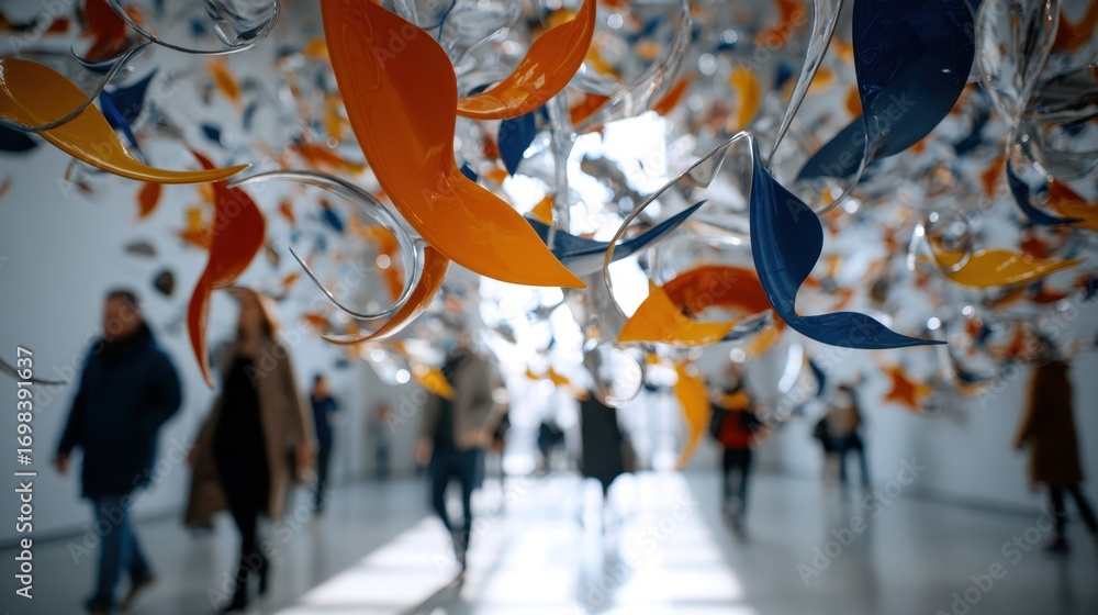 Aufkleber medium shot of a colorful suspended sculpture in a bright gallery with sharp focus on the installati