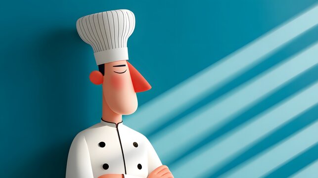 Illustration of a Confident Chef in Uniform with Arms Crossed Against a Blue Wall with Shadows