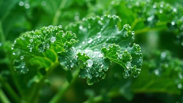 Vibrant green kale leaves glistening with fresh dew drops in a garden