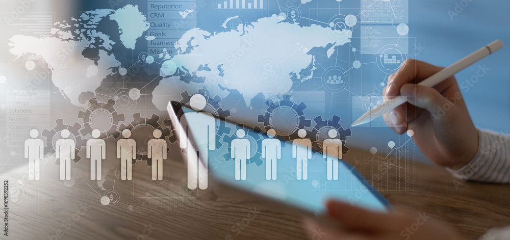 Aufkleber global human resources management and workforce analytics on a digital interface.