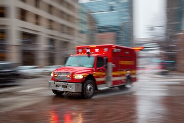 A red ambulance speeds through a city street on a rainy day, responding to an emergency with blurred surroundings indicating motion