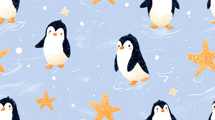 Fototapeta premium Playful penguins with starfish on a soft blue background in a whimsical winter-themed seamless pattern