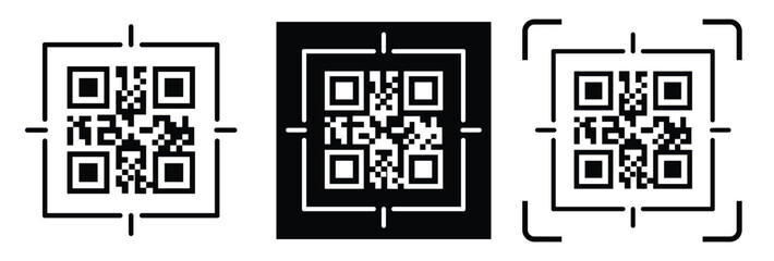 Fototapeta premium Minimalist QR code scanner icon set featuring three black and white variations with scan frames and mobile scanning concept. Clean flat vector symbols for apps, payment, barcode, technology, and UI de