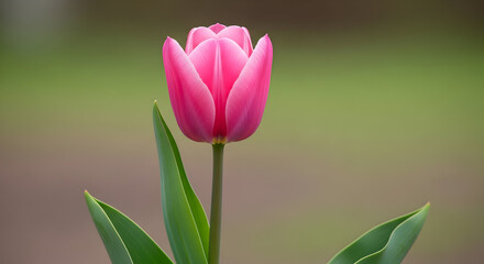 Fototapeta premium Single Pink Tulip in Soft Focus — Elegant Spring Tulip Portrait with Gentle Bokeh Background for Botanical Prints, Greeting Cards and Garden Photography