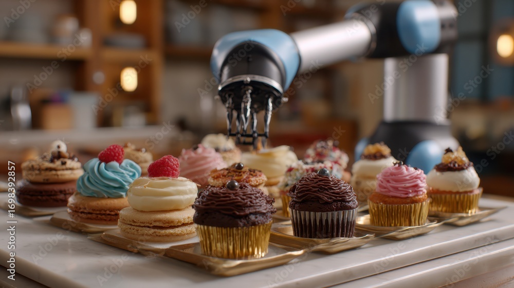 Poster medium shot of a compact robotic arm delicately placing bitesized gourmet samples on a sleek counter