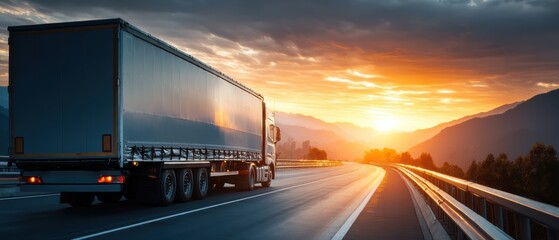 A large truck drives along a highway at sunrise, with mountains and vibrant clouds in the background