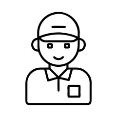 Outline illustration of cheerful delivery man wearing cap and uniform. Courier service, postal worker, shipping, worker job concept icon