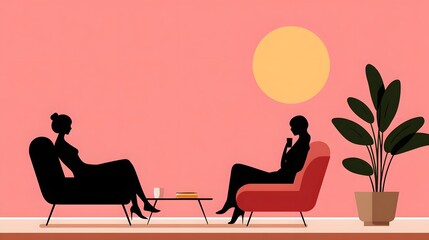 Silhouette of Two Women Engaged in Conversation in a Stylish Interior with Pink Background and Sun