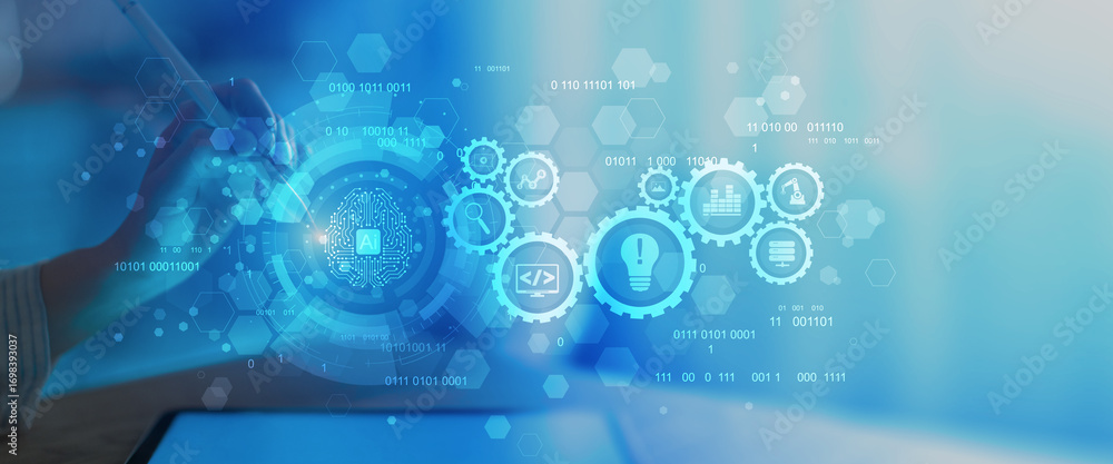 Aufkleber artificial intelligence and automation workflow system illustrated on a digital tablet interface.