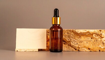 Naklejka premium Amber Glass Serum Dropper Bottle Mockup on Travertine