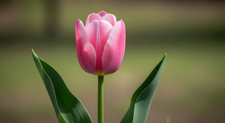 Fototapeta premium Single Pink Tulip in Soft Focus — Elegant Spring Tulip Portrait with Gentle Bokeh Background for Botanical Prints, Greeting Cards and Garden Photography