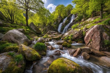 Fototapeta premium A vibrant forest scene with a cascading waterfall, mossy rocks, and lush green trees under a bright blue sky