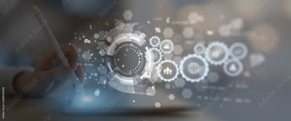 Poster digital business automation and data management technology concept.