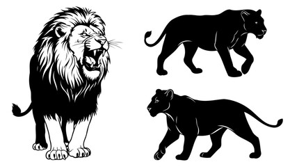 Lion Roar Silhouette with Lioness Walkers – Bold Wildlife Vector Art