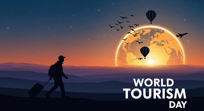 Embark on global adventures with a solitary traveler pulling luggage against a vibrant sunset, symbolizing World Tourism Day and the joy of exploration and travel.